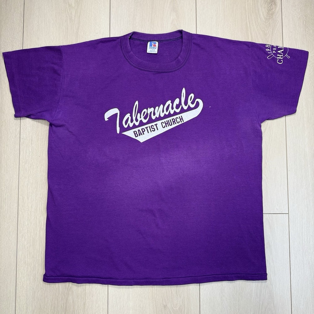VTG Large 1985 Tabernacle Baptist Church Single Stitch Purple T‎ Shirt USA Made